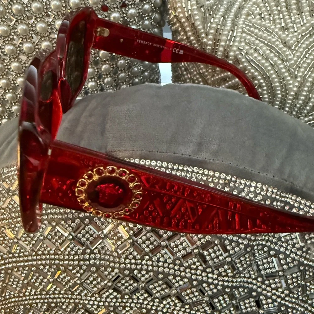 Versace Red Jeweled Square Sunglasses - Picture 7 of 9